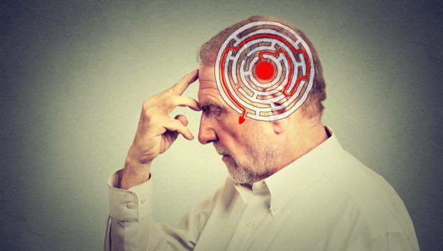 Side profile elderly man solving problem thinking isolated on gray wall background. Human face expression. Decision wisdom strategy concept. Emotional intelligence